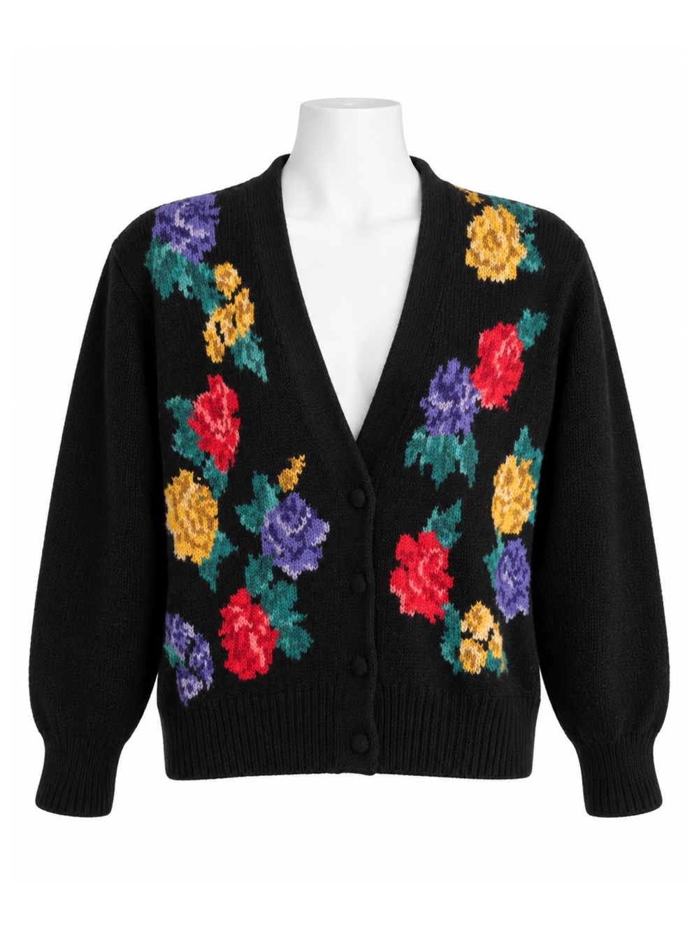 Size L JH Collectibles Vintage 100% Wool Floral Cardigan Sweater Black